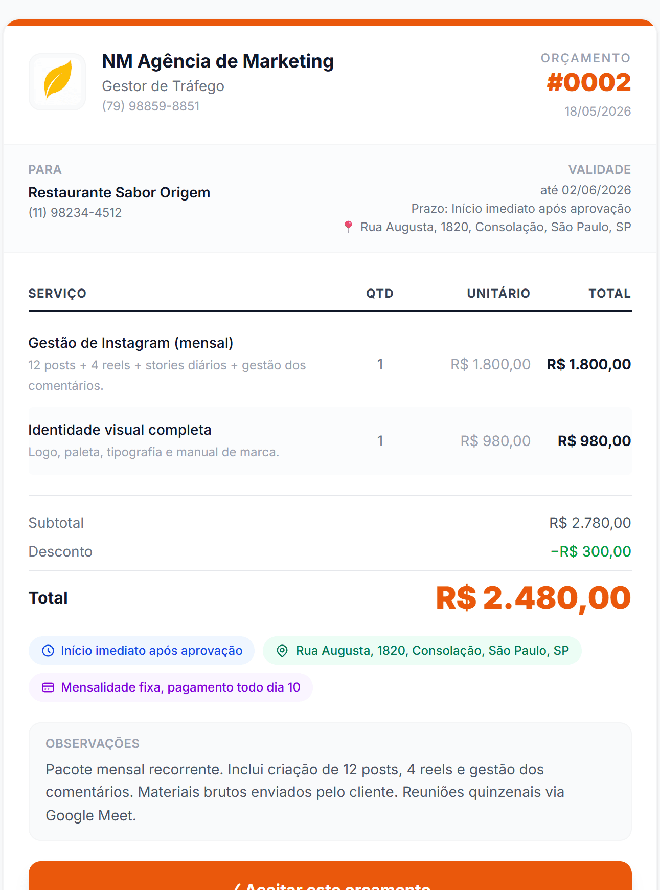 Orçamento pronto, com itens, total e o botão de aceite para o cliente