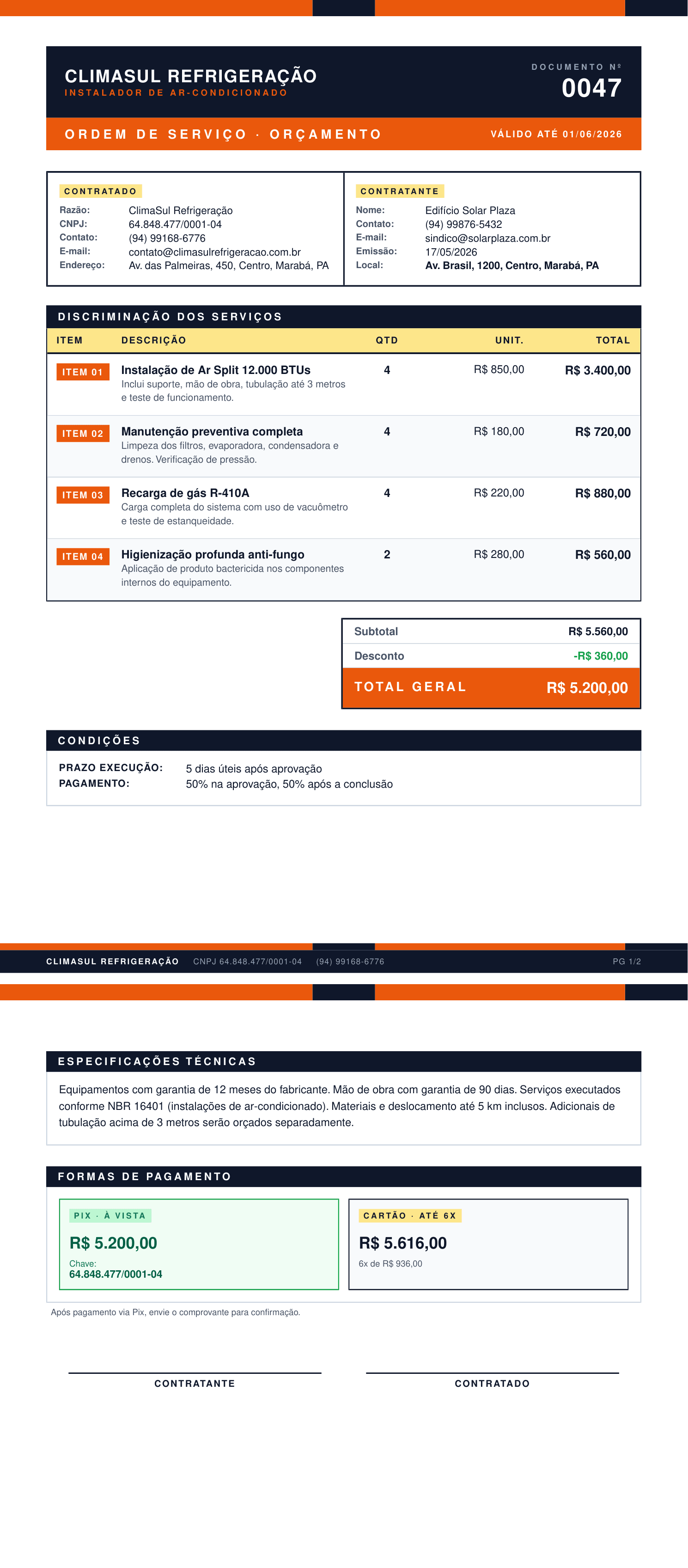 Exemplo de orçamento no template Industrial, nicho Instalação e manutenção